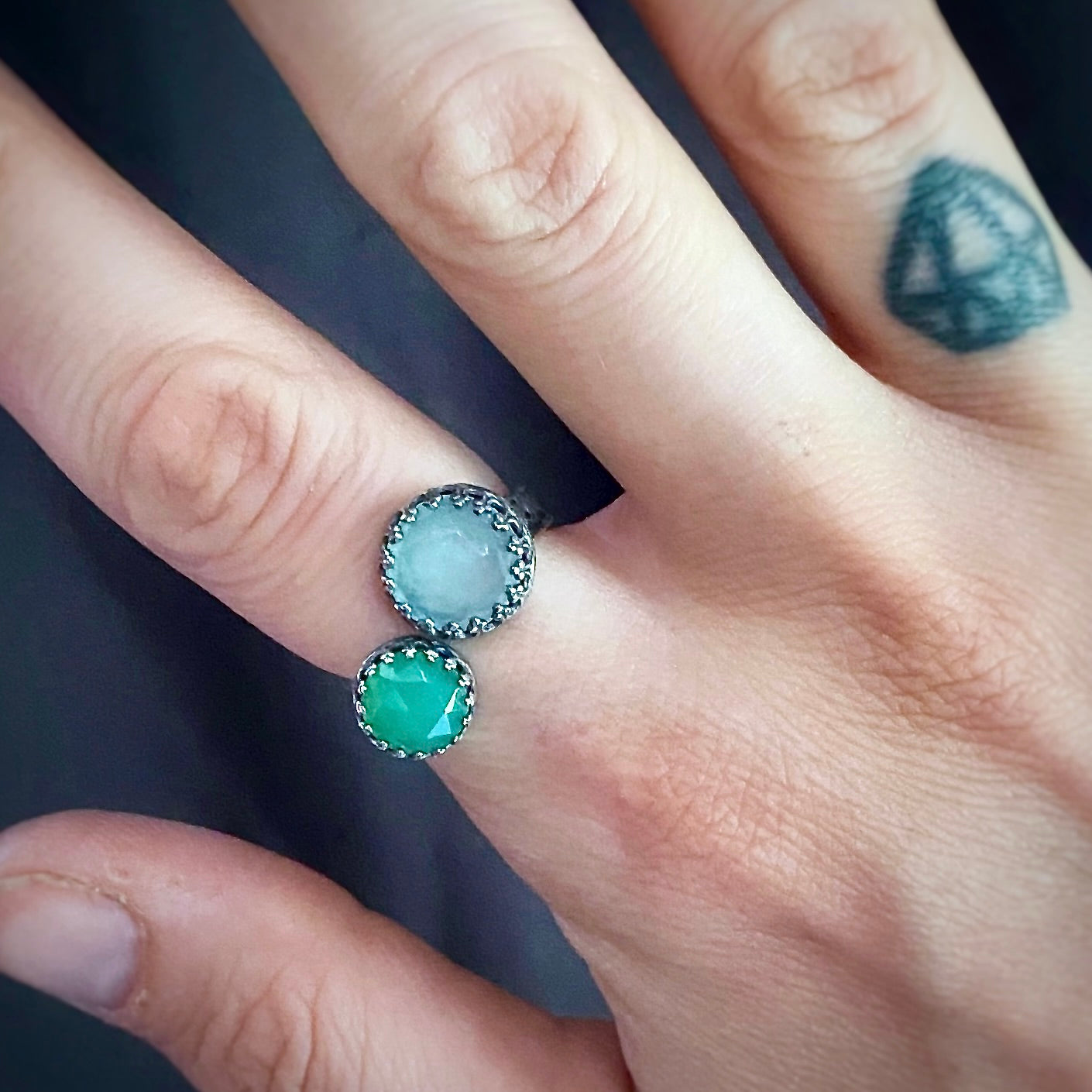 Double Rose Cut Gemstone Bypass Ring with Chrysoprase Chalcedony Labradorite and Lapis Lazuli - Jewelry