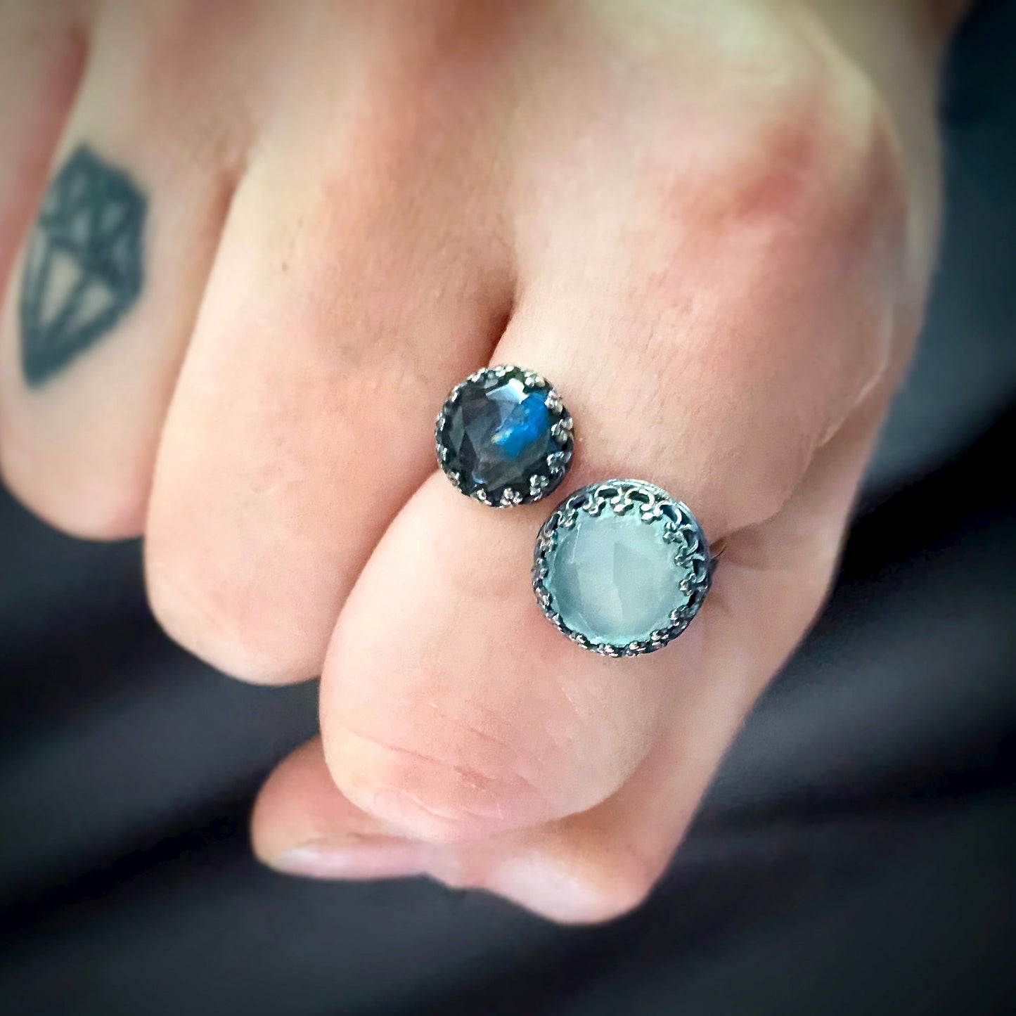 Double Rose Cut Gemstone Bypass Ring with Chrysoprase Chalcedony Labradorite and Lapis Lazuli - Chalcedony &