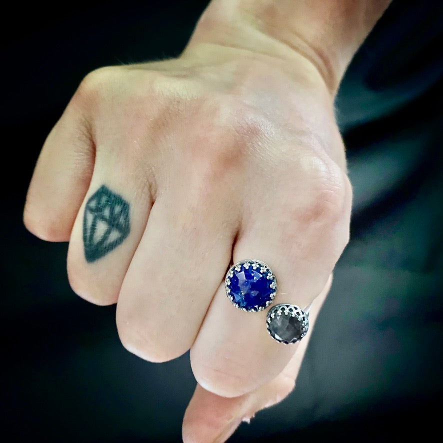 Double Rose Cut Gemstone Bypass Ring with Chrysoprase Chalcedony Labradorite and Lapis Lazuli - Jewelry