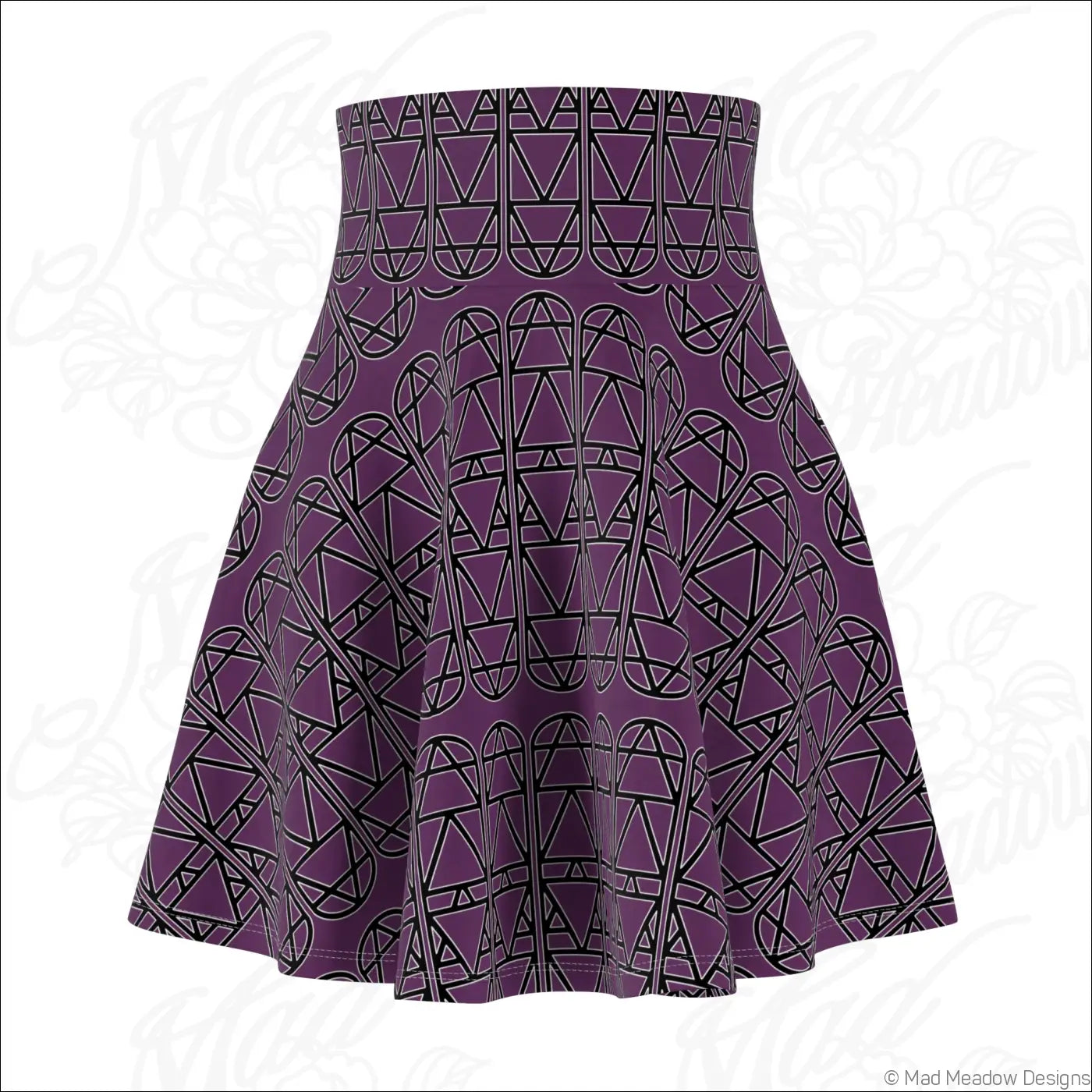 Purple a-line skater skirt with high waist and black geometric column repeat pattern care instructions hand wash