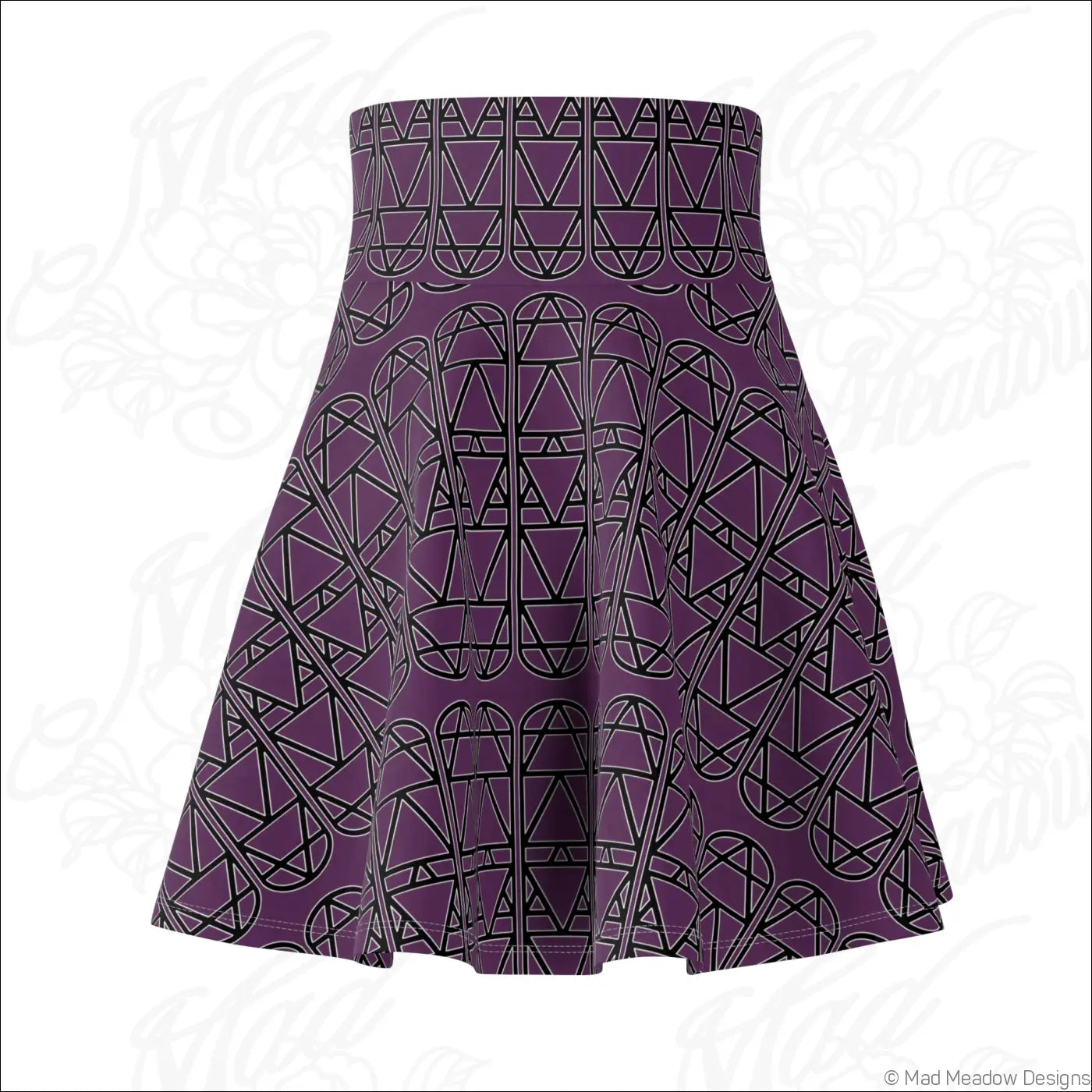 Purple high-waisted skater skirt with black geometric elemental column pattern and care instructions to line dry