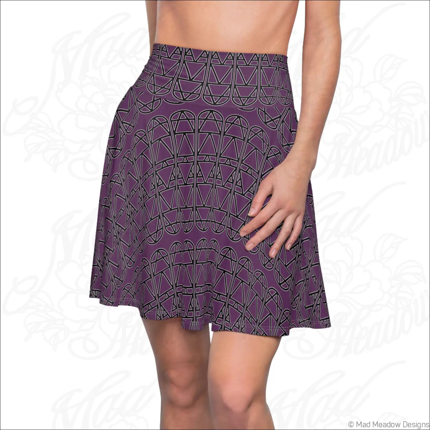 A flared purple skater skirt with bold black geometric pattern from elemental column pattern line dry care instructions