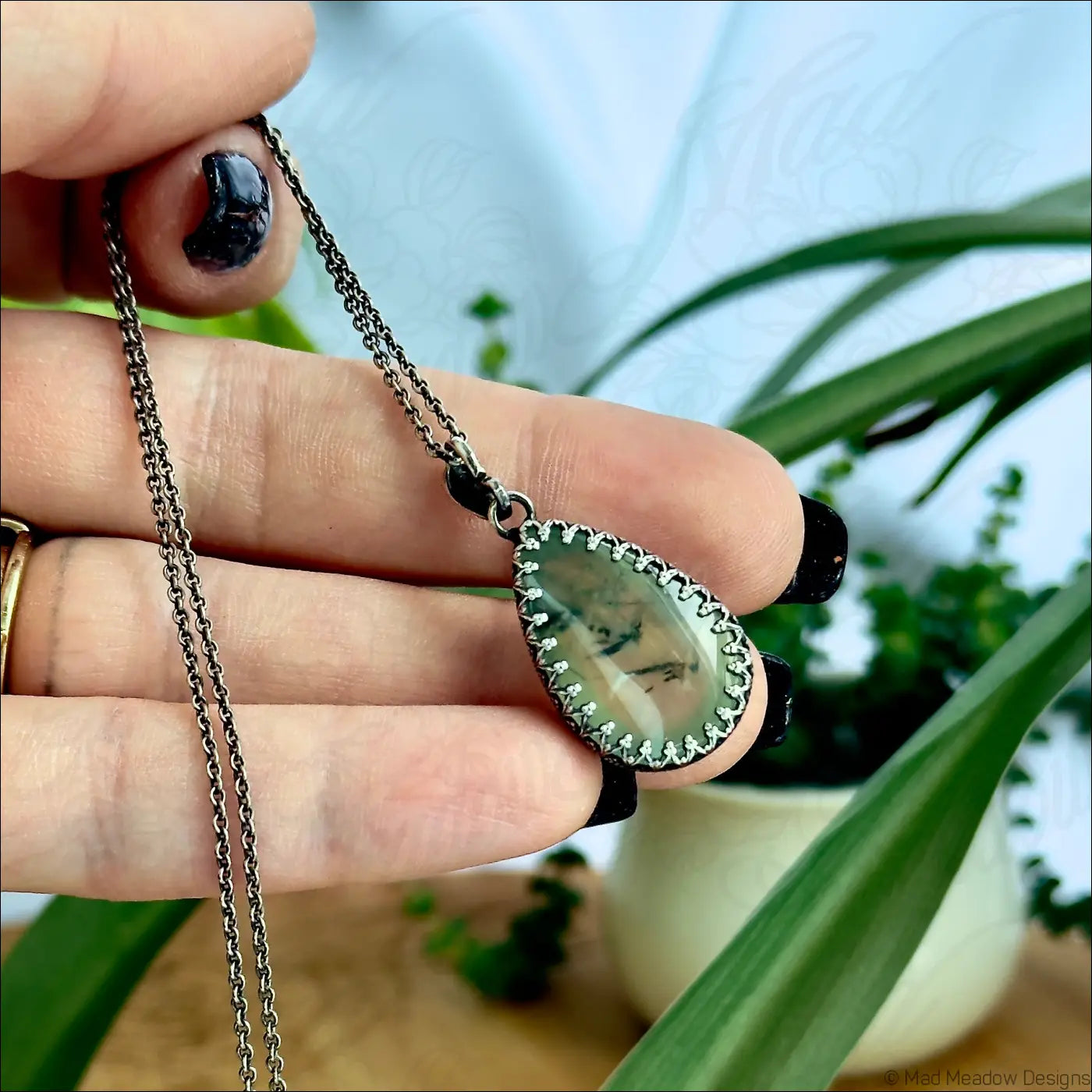 Prehnite w/ Epidote Pear Sterling Silver Gallery Wire Pendant Necklace - Jewelry