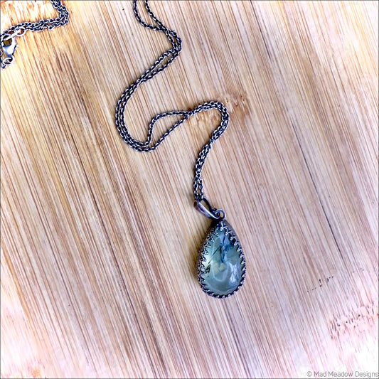 Prehnite w/ Epidote Pear Sterling Silver Gallery Wire Pendant Necklace - Jewelry