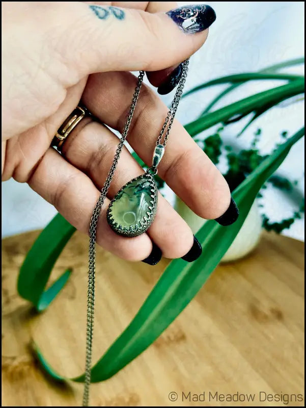 Prehnite w/ Epidote Pear Sterling Silver Gallery Wire Pendant Necklace - Jewelry