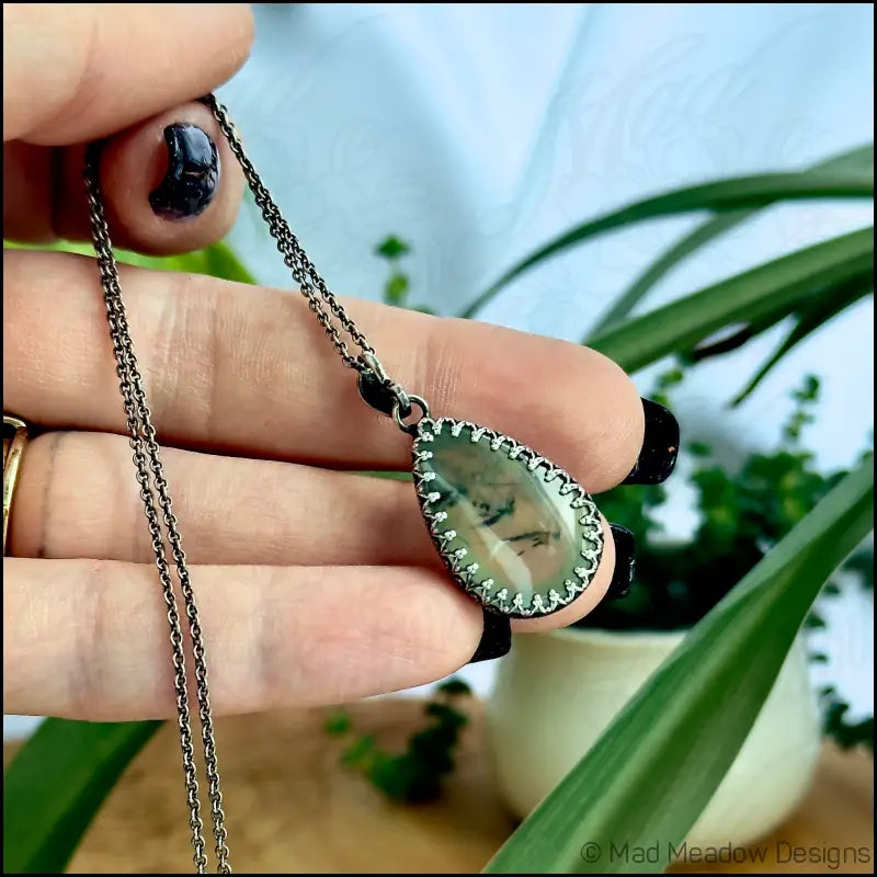 Prehnite w/ Epidote Pear Sterling Silver Gallery Wire Pendant Necklace - Jewelry
