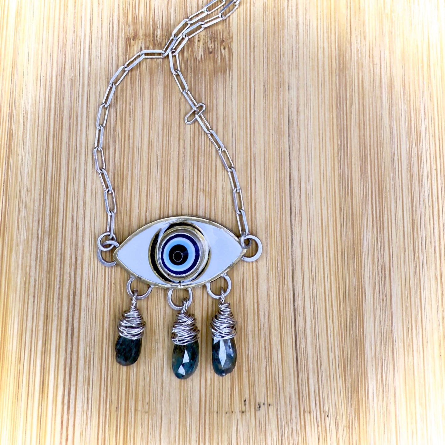 Evil Eye with Blue Kyanite tears in Sterling Silver with Brass and Colored Resin Accents - Jewelry