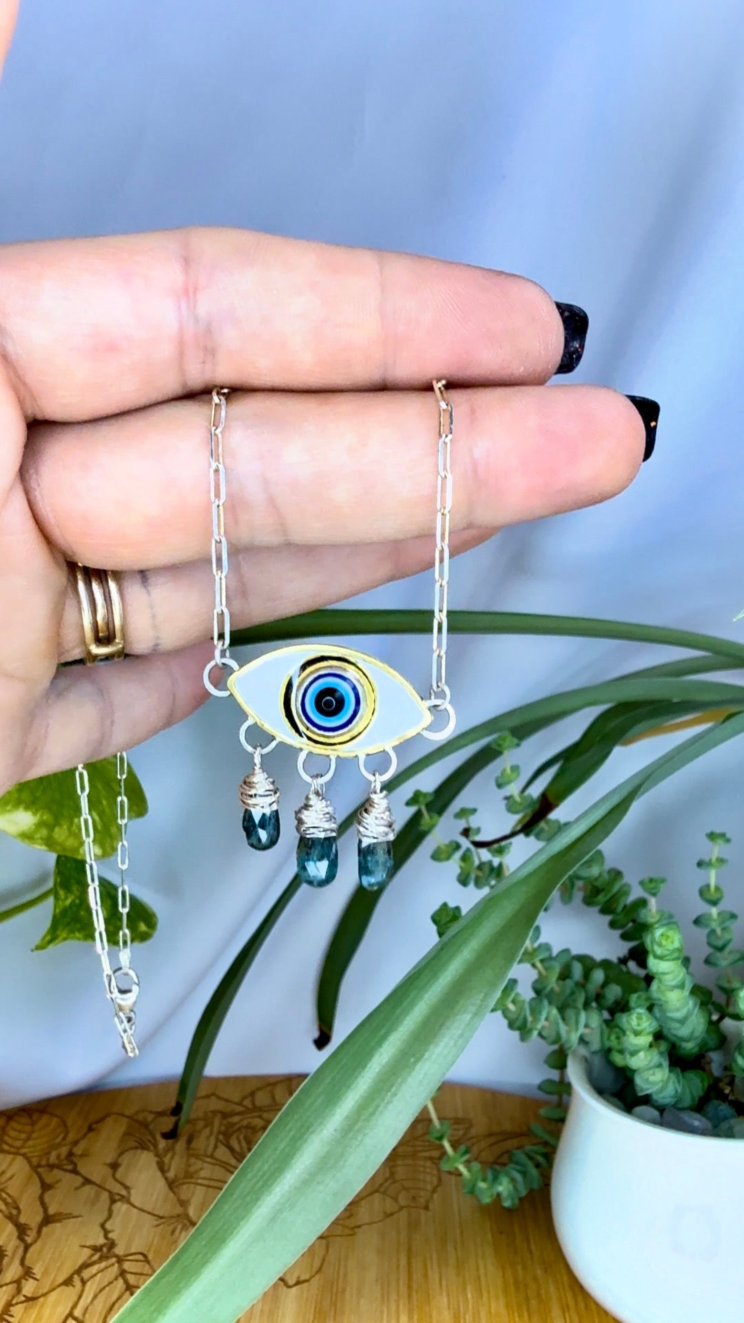 Evil Eye with Blue Kyanite tears in Sterling Silver with Brass and Colored Resin Accents - Jewelry