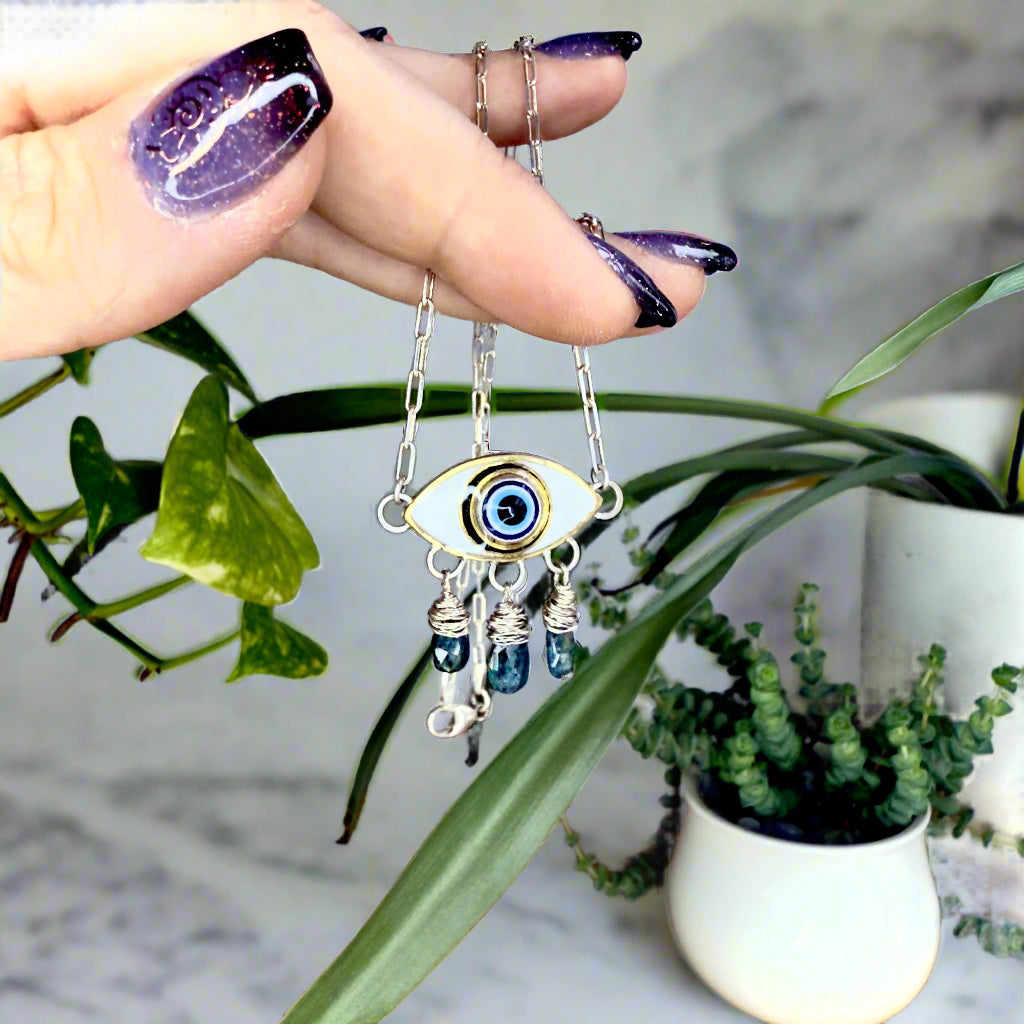 Evil Eye with Blue Kyanite tears in Sterling Silver with Brass and Colored Resin Accents - Jewelry