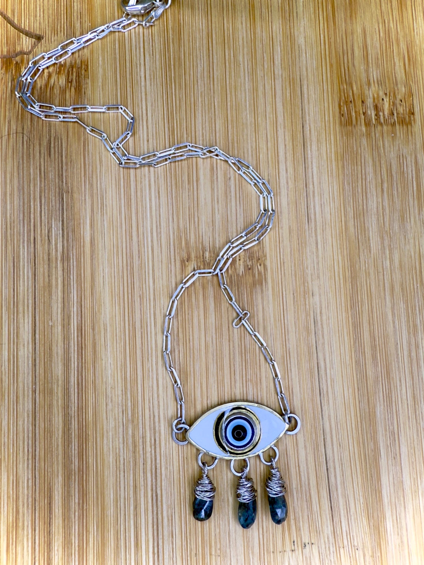 Evil Eye with Blue Kyanite tears in Sterling Silver with Brass and Colored Resin Accents - Jewelry