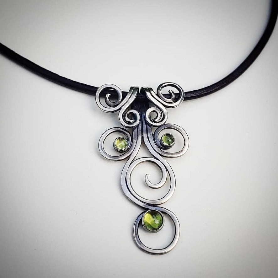 Fiddlehead Sterling Silver and Peridot Artisan Made Pendant on Leather - Jewelry