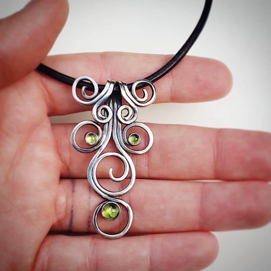 Fiddlehead Sterling Silver and Peridot Artisan Made Pendant on Leather - Jewelry