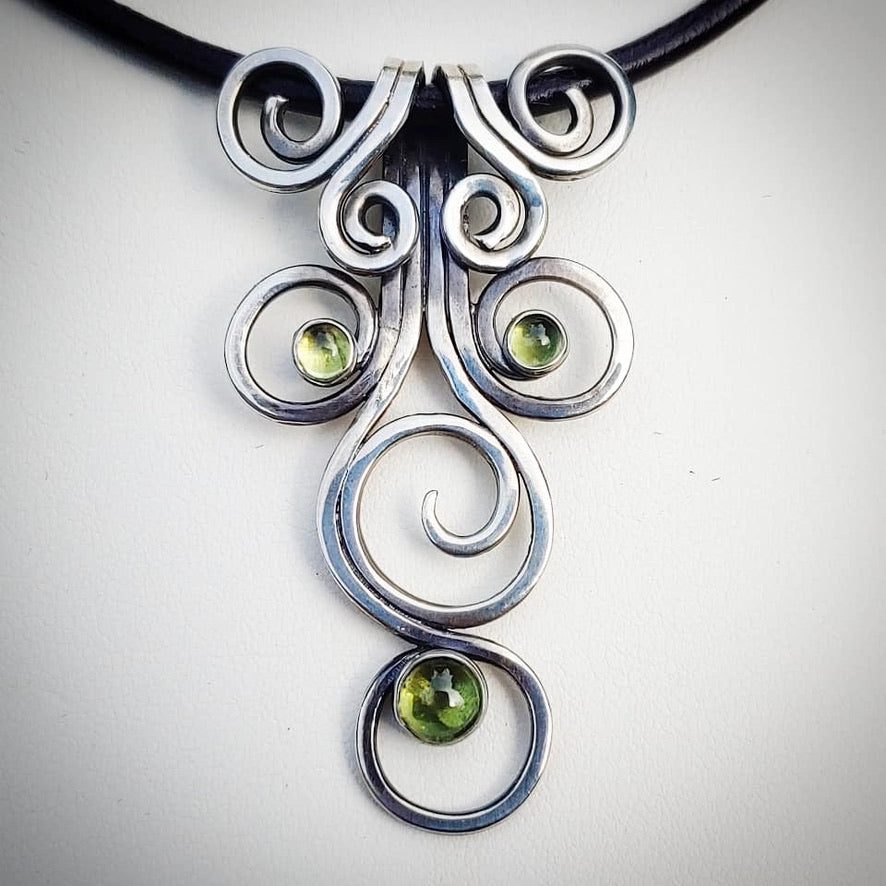 Fiddlehead Sterling Silver and Peridot Artisan Made Pendant on Leather - Jewelry