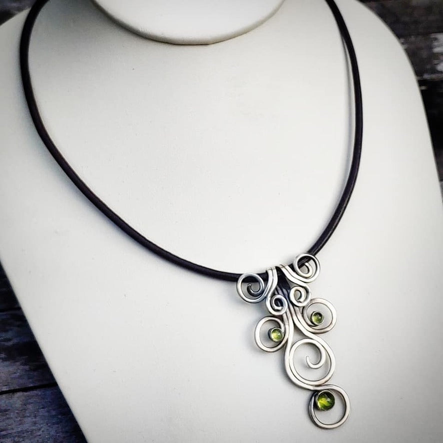 Fiddlehead Sterling Silver and Peridot Artisan Made Pendant on Leather - Jewelry