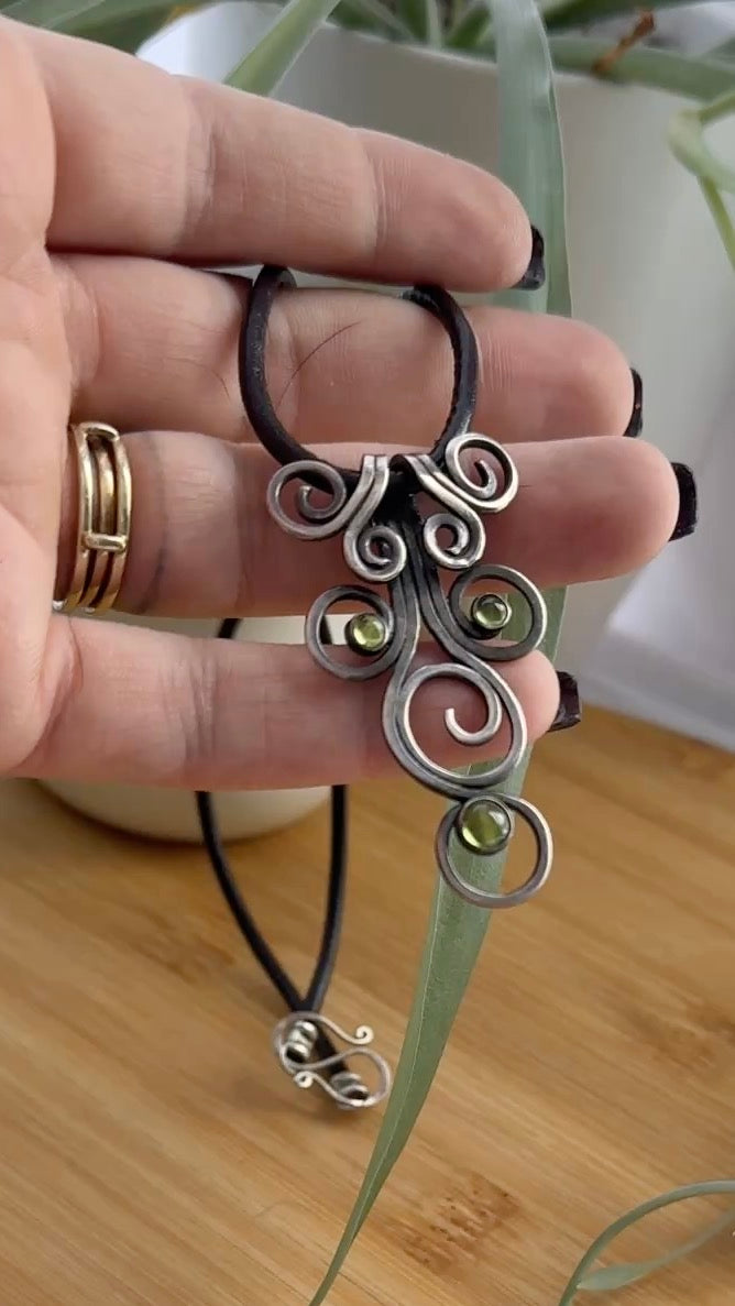 Fiddlehead Sterling Silver and Peridot Artisan Made Pendant on Leather - Jewelry