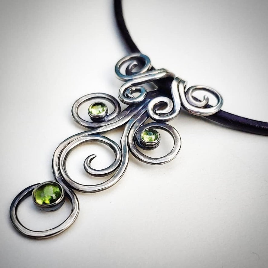 Fiddlehead Sterling Silver and Peridot Artisan Made Pendant on Leather - Jewelry