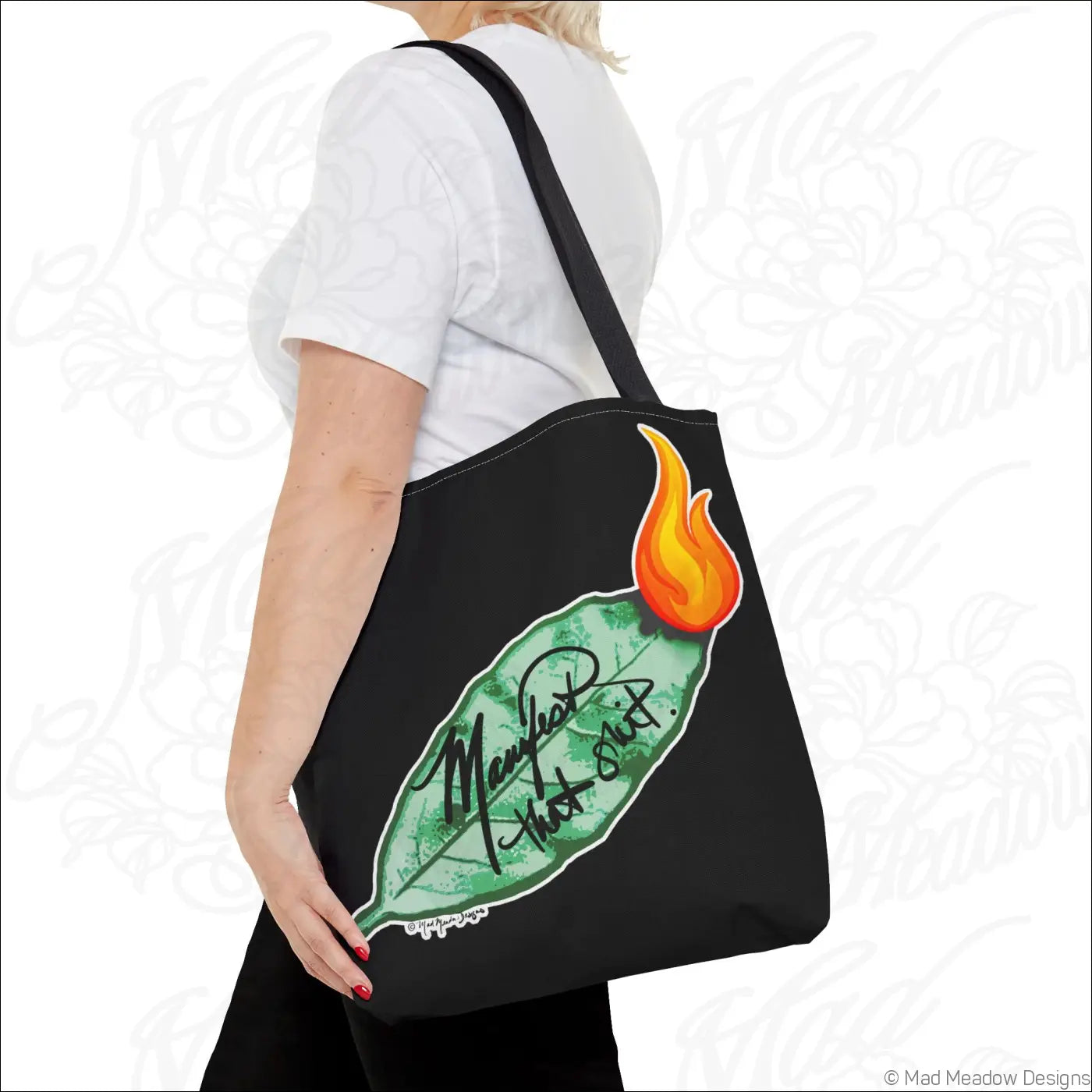 Black canvas flaming bay leaf tote bag with orange flame and marry that shit script featuring boxed corners and non-woven laminate