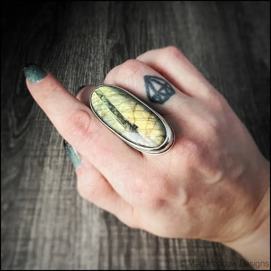 Beautiful Flashy Labradorite Large 20x50 Cabochon sterling Silver Statement Ring - Jewelry