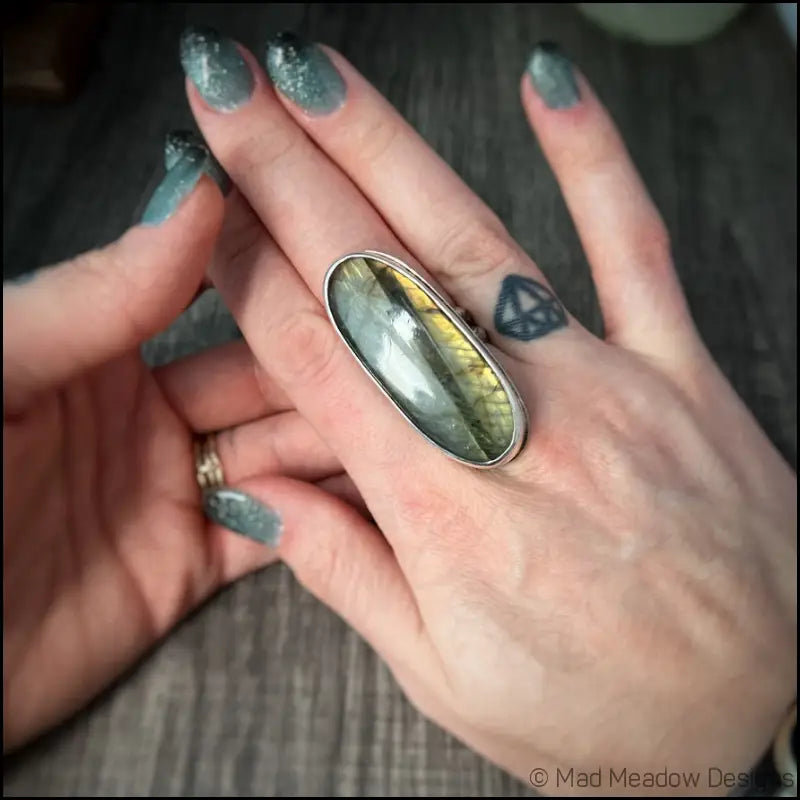 Beautiful Flashy Labradorite Large 20x50 Cabochon sterling Silver Statement Ring - Jewelry