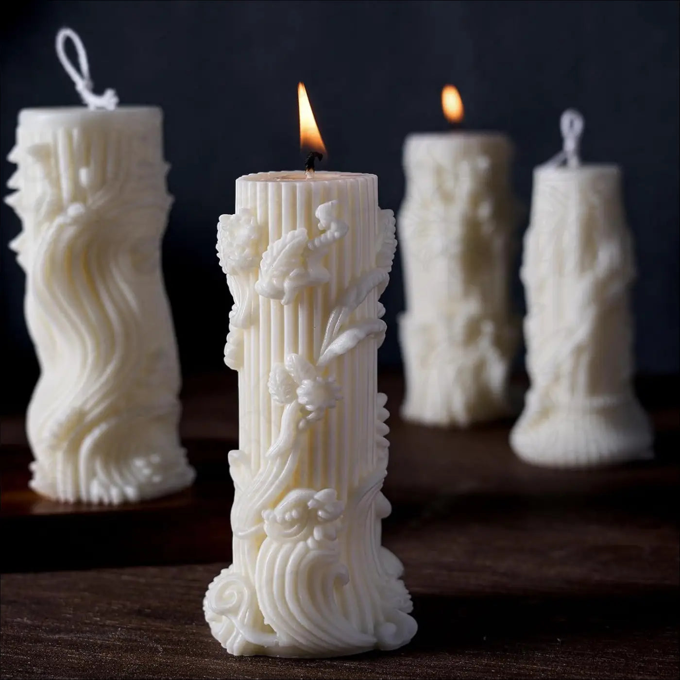 Floral Motif Candlestick Pillar Candle Silicone Resin Molds 4PCS