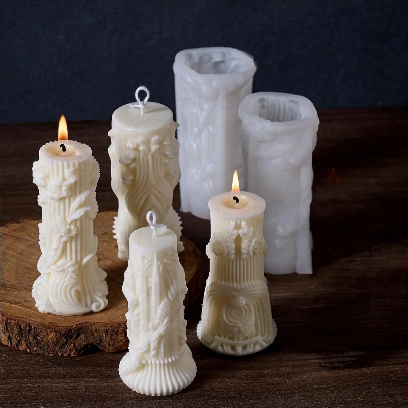 Floral Motif Candlestick Pillar Candle Silicone Resin Molds 4PCS
