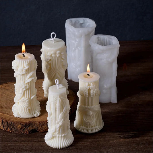 Floral Motif Candlestick Pillar Candle Silicone Resin Molds 4PCS