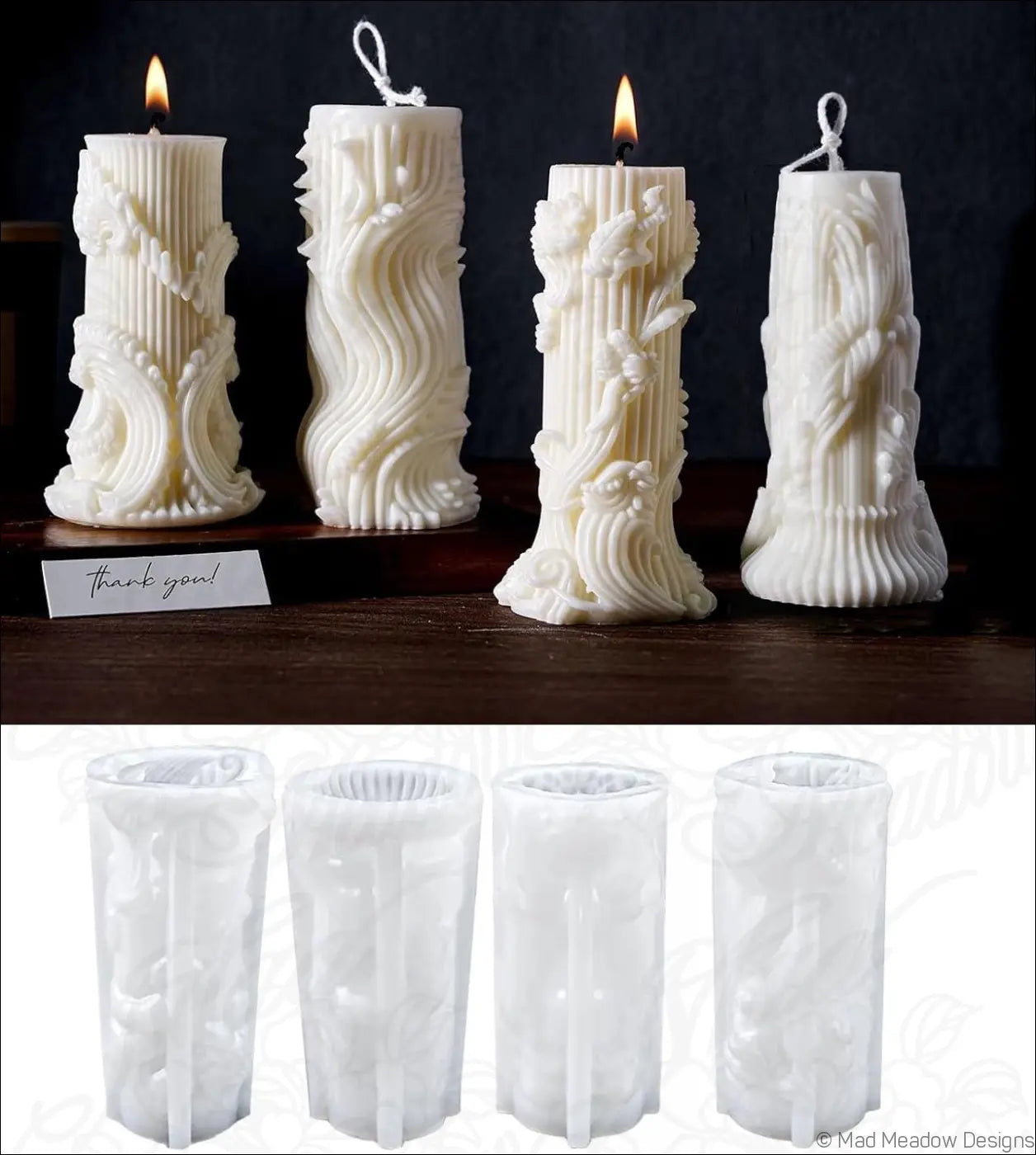 Floral Motif Candlestick Pillar Candle Silicone Resin Molds 4PCS