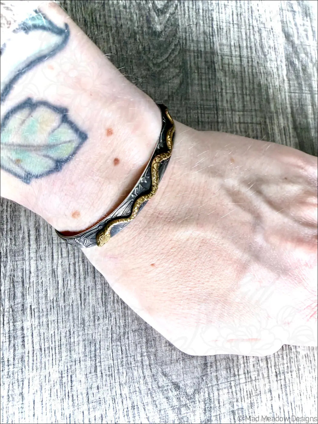 Floral Sterling Silver and Brass Snake Cuff Bracelet - Jewelry