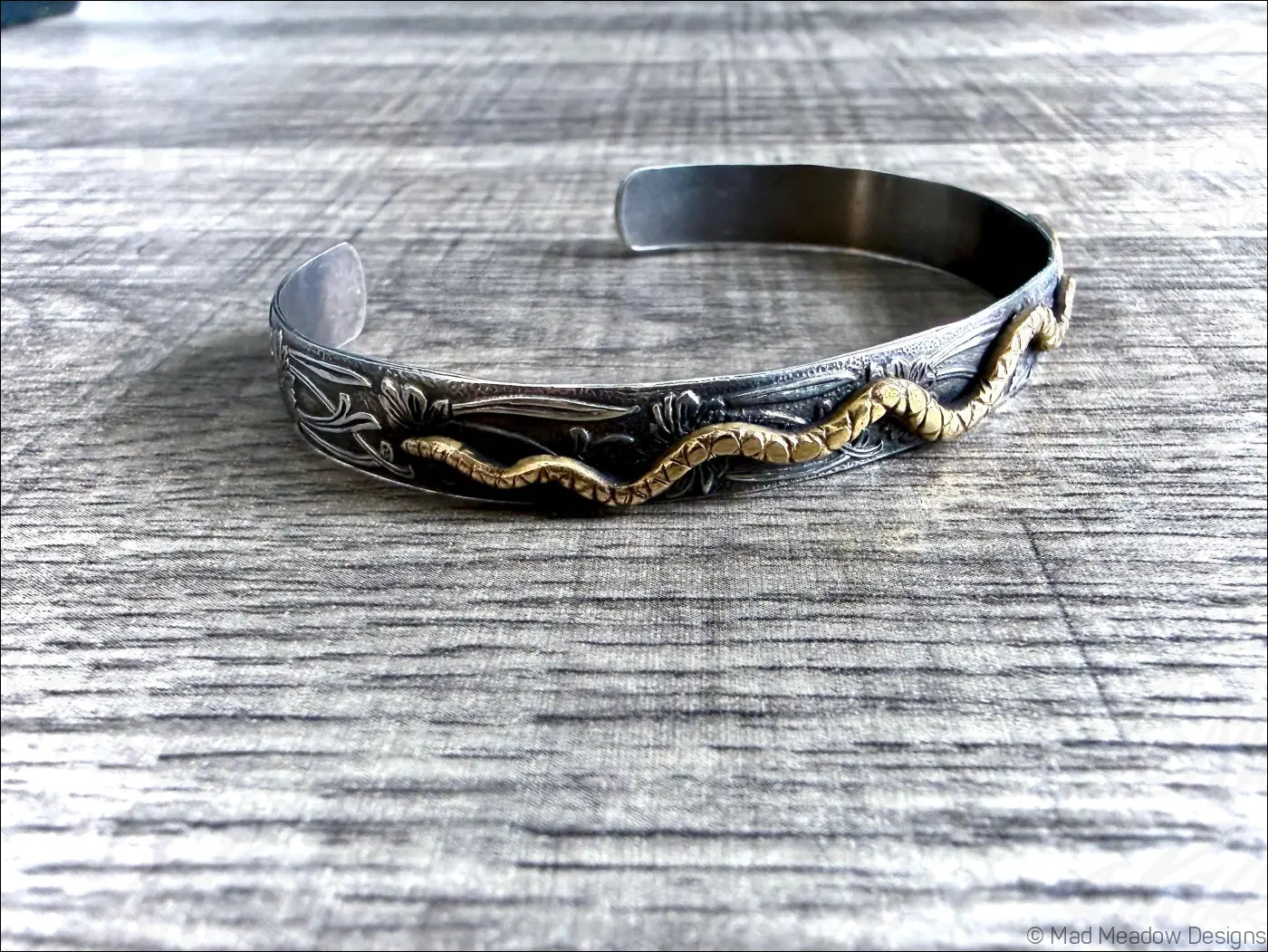 Floral Sterling Silver and Brass Snake Cuff Bracelet - Jewelry