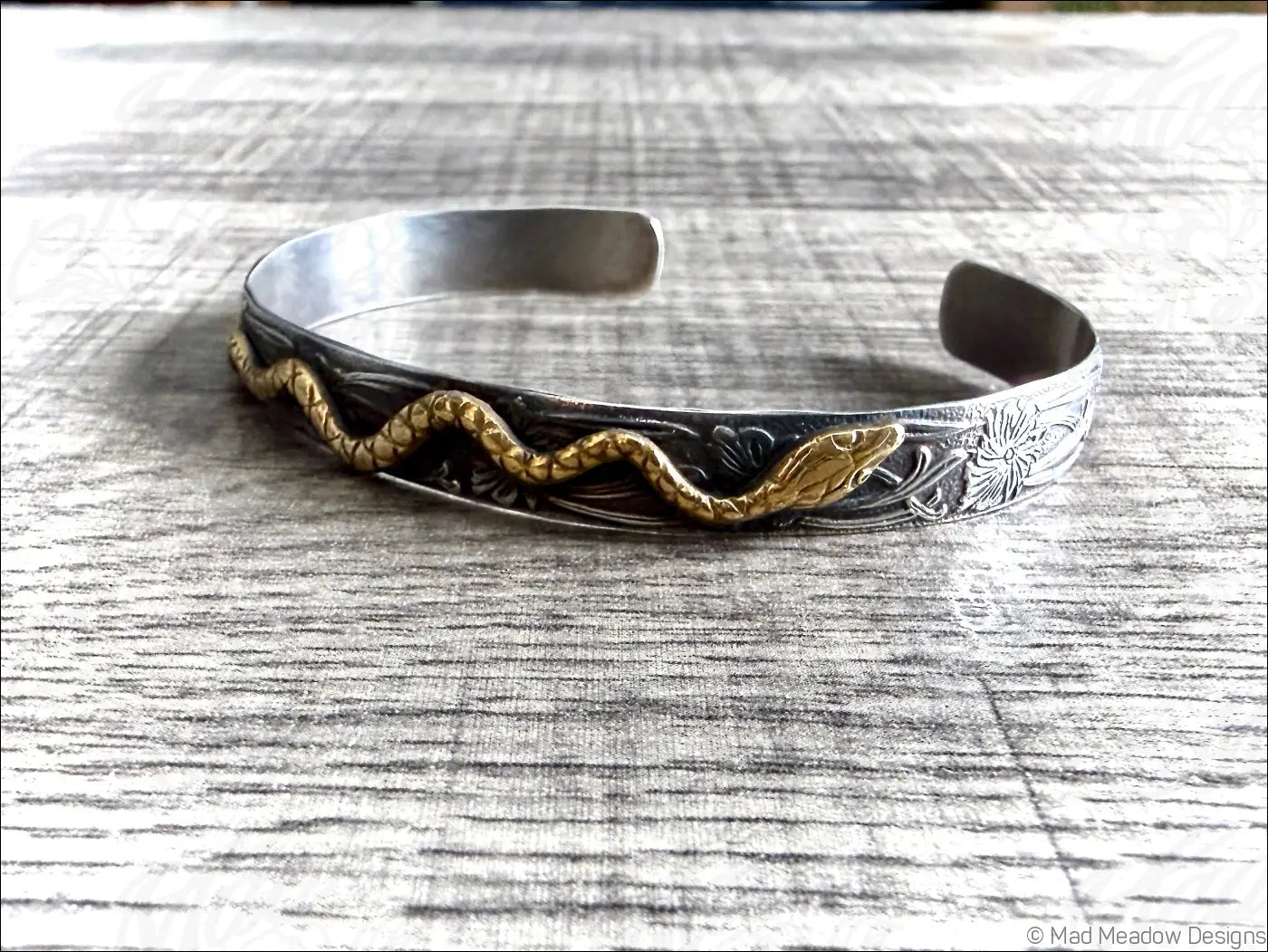 Floral Sterling Silver and Brass Snake Cuff Bracelet - Jewelry