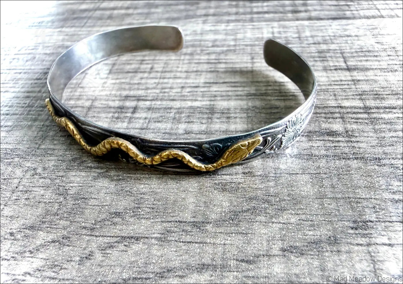 Floral Sterling Silver and Brass Snake Cuff Bracelet - Jewelry