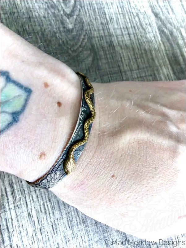 Floral Sterling Silver and Brass Snake Cuff Bracelet - Jewelry