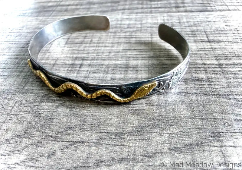 Floral Sterling Silver and Brass Snake Cuff Bracelet - Jewelry