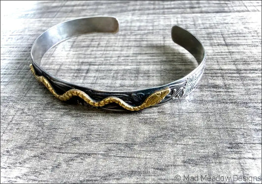 Floral Sterling Silver and Brass Snake Cuff Bracelet - Jewelry