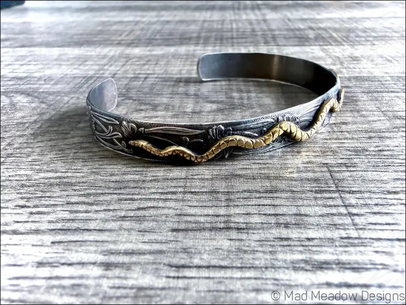 Floral Sterling Silver and Brass Snake Cuff Bracelet - Jewelry