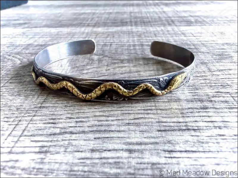 Floral Sterling Silver and Brass Snake Cuff Bracelet - Jewelry