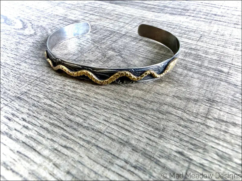 Floral Sterling Silver and Brass Snake Cuff Bracelet - Jewelry