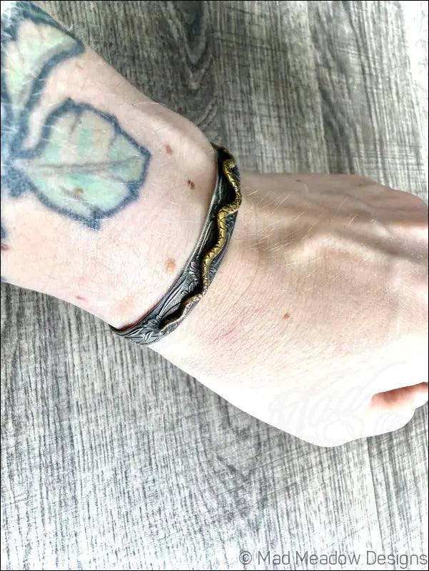 Floral Sterling Silver and Brass Snake Cuff Bracelet - Jewelry