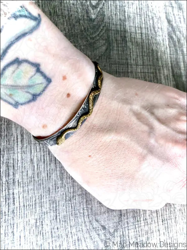 Floral Sterling Silver and Brass Snake Cuff Bracelet - Jewelry