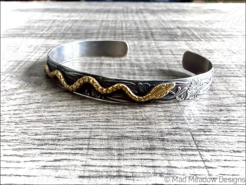 Floral Sterling Silver and Brass Snake Cuff Bracelet - Jewelry