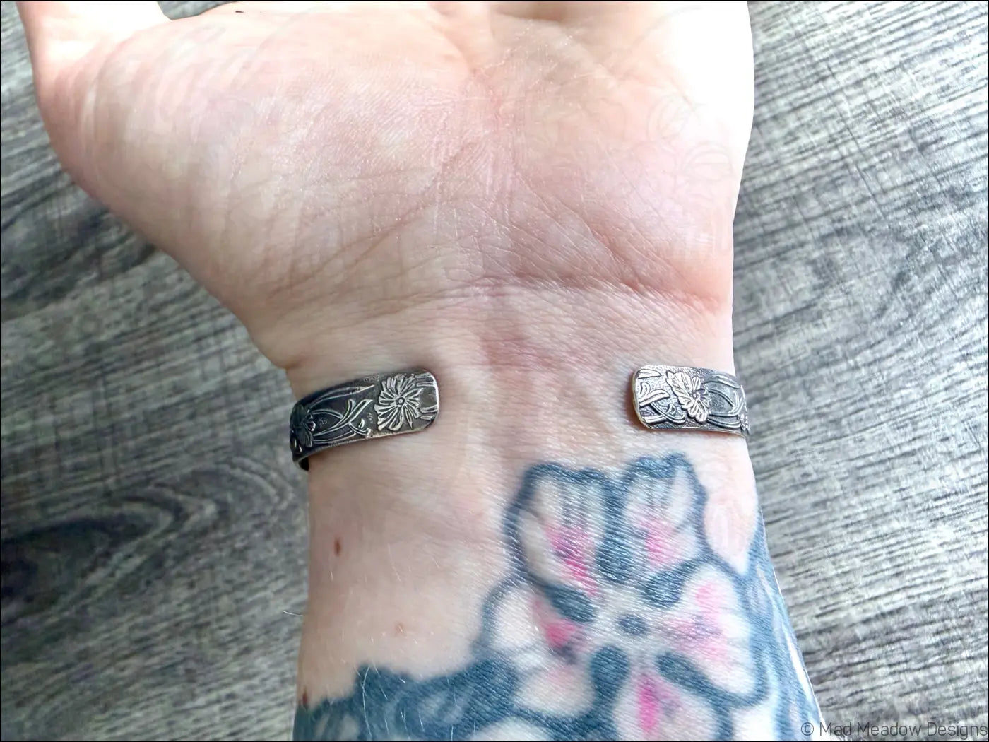 Floral Sterling Silver and Brass Snake Cuff Bracelet - Jewelry
