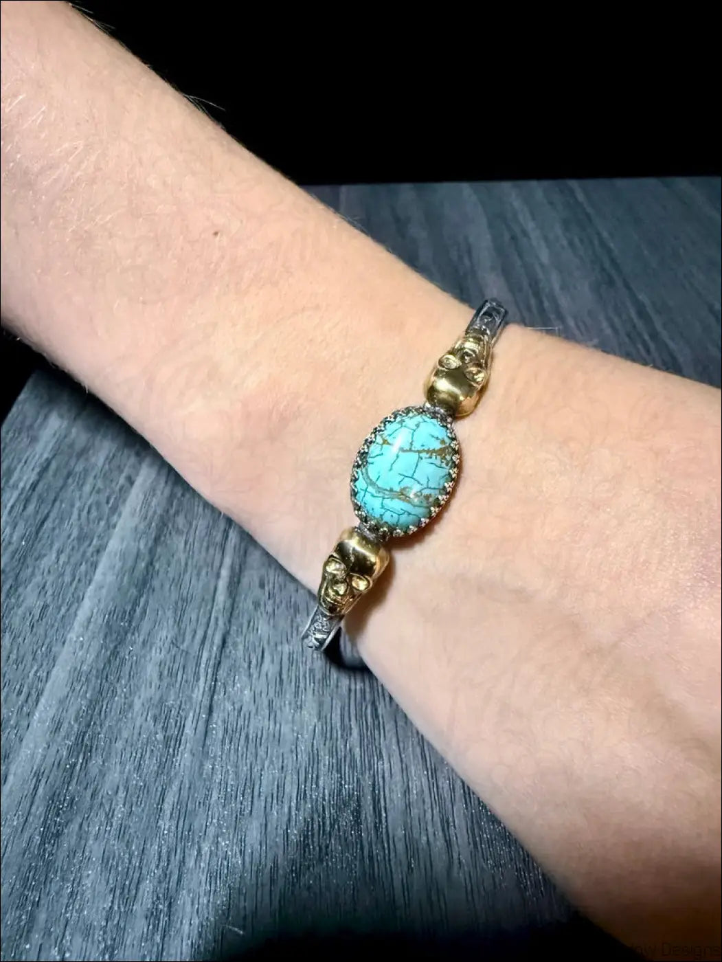 Floral Sterling Silver Cuff Bracelet with Brass Skulls and Turquoise Stone - Bracelet
