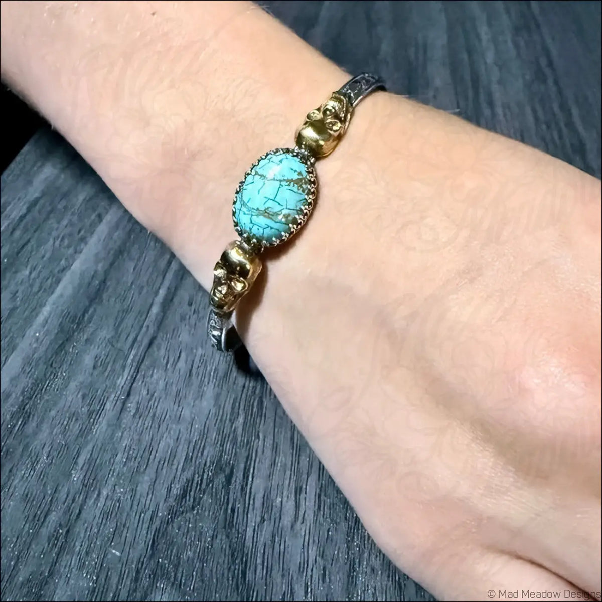 Floral Sterling Silver Cuff Bracelet with Brass Skulls and Turquoise Stone - Bracelet