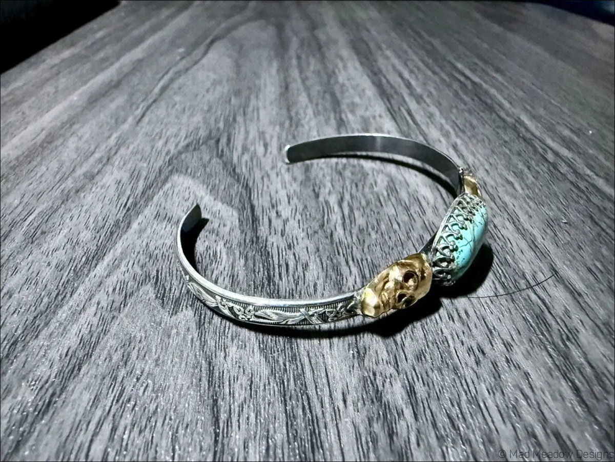 Floral Sterling Silver Cuff Bracelet with Brass Skulls and Turquoise Stone - Bracelet