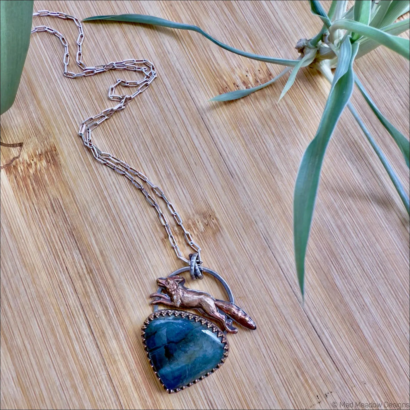 Running Fox Labradorite Sterling Silver Pendant with Brass Details on 18’’ Beveled Cable Chain - Jewelry
