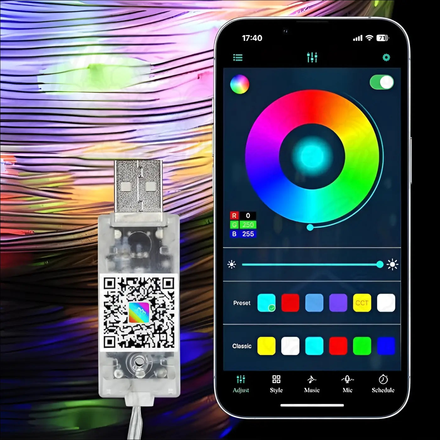 Clear plastic usb controller with visible circuitry and qr code for syncing gecko and lotus glass bottle usb light with moss and crystals