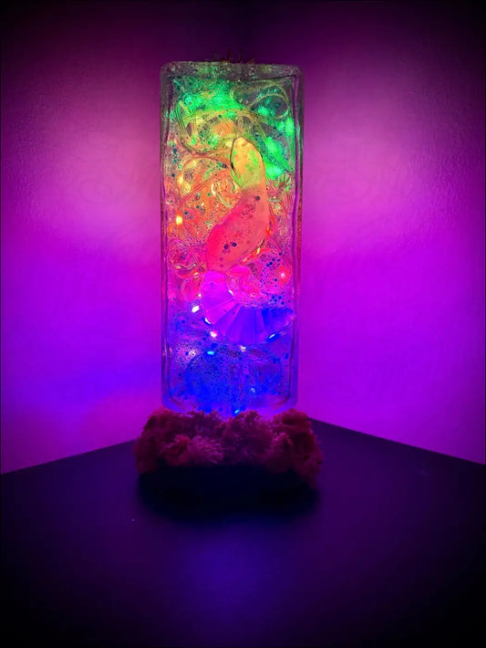 A glowing rectangular resin lamp with swirling rainbow liquid and glitter in gecko and lotus usb light style