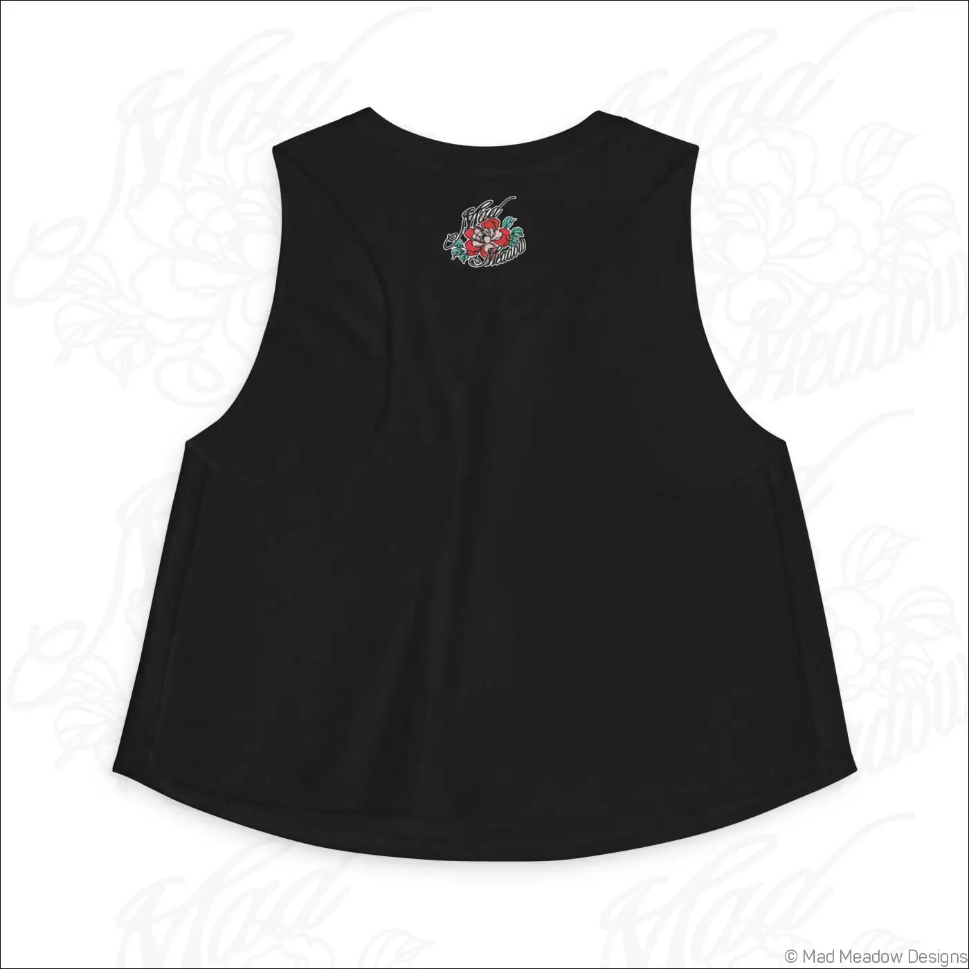 Black sleeveless geometric arch pattern crop top with raw sleeve edges and red green floral embroidery on the back