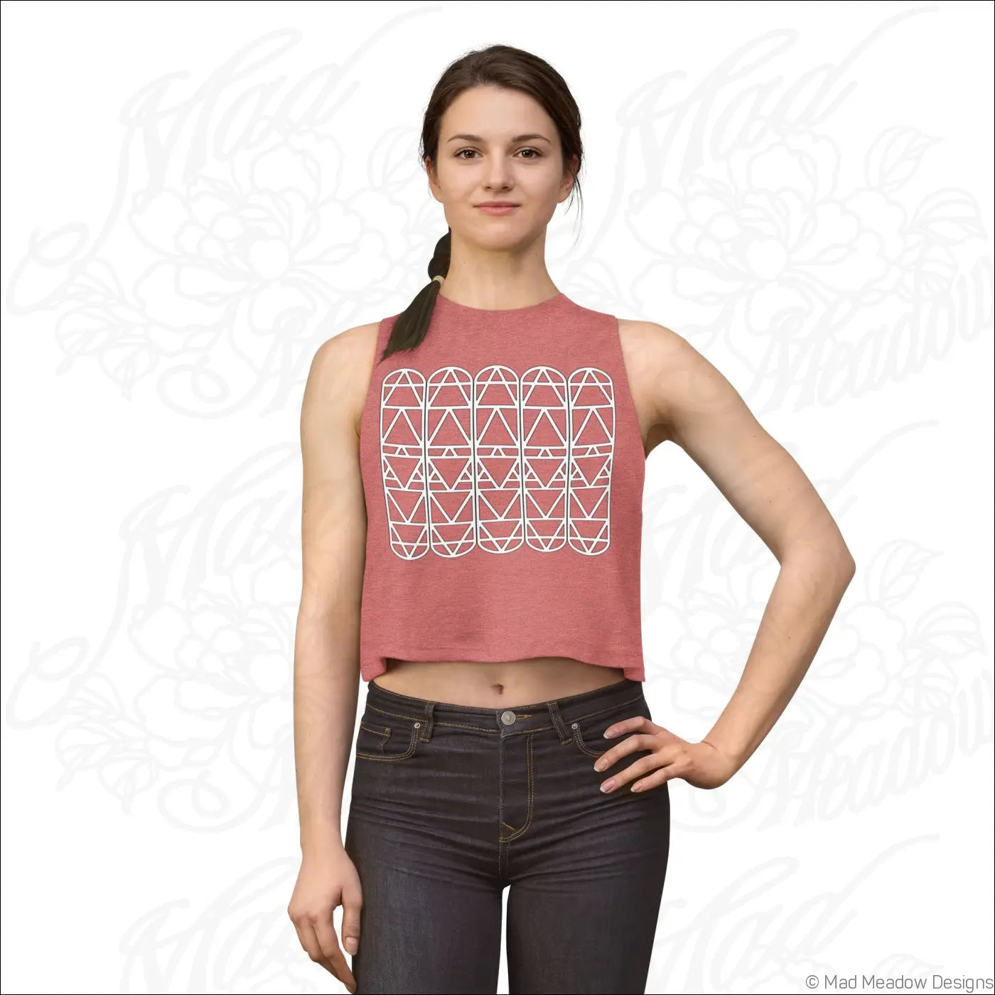 Dusty rose geometric arch pattern crop top with raw sleeve edges perfect for minimalist summer style