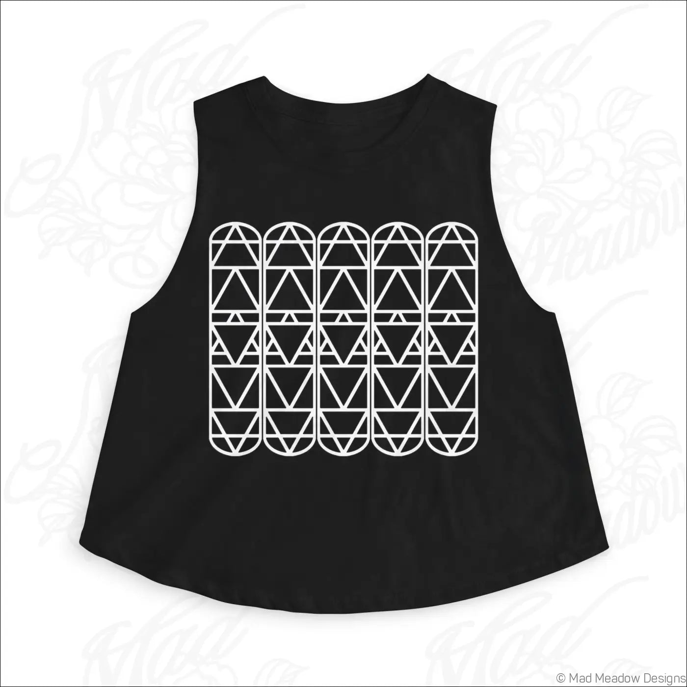 Black sleeveless crop top with bold white geometric arch pattern and raw sleeve edges perfect for summer wear